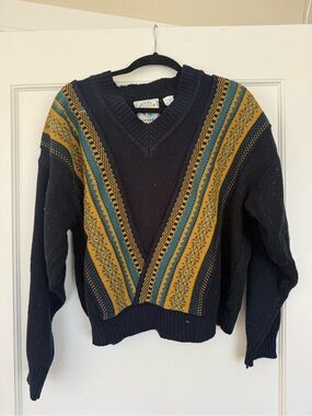 Vintage Hoopla Men's 90s V-Neck Patterned Sweater - Navy w/Mustard & Teal